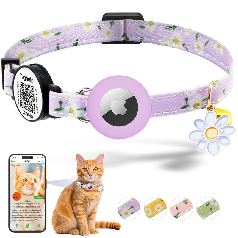 8-13in Airtag Cat Collar Lightweight and Comfortable, Bells & Flower Charm Collar Breakaway with Silicone with Apple Air Tag Holder Smart ID tag,8-13in for Cats and Puppies(Purple) - BeesActive Australia