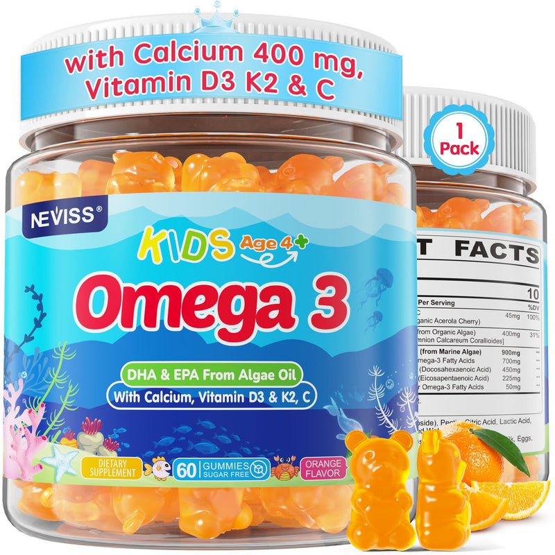 Kids Omega 3 Gummies + Calcium 400mg + Vitamin D3 & K2, C Omega-3 DHA & EPA | No Fish Burps, No Sugar, Kids & Teens Omega 3 Supplement + Multivitamin for Strong Bones, Brain & Immune, Eye Support, 60 Cts 60 Count (Pack of 1)