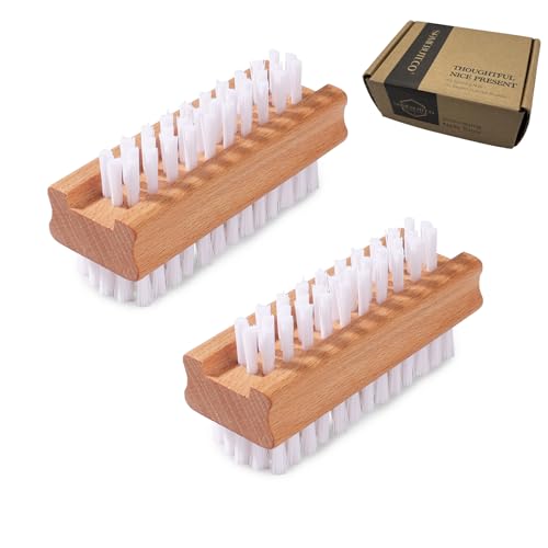 SAMEBUTECO 2 Pack Non-Slip Wooden Hand & Nail Brush,Dual-Sided Fingernail Scrub Brush for Deep Cleaning Nails,Hands & Feet Heavy Duty Mechanic Hand Brush with Stiff Bristles and Molded Beech-wood Grip
