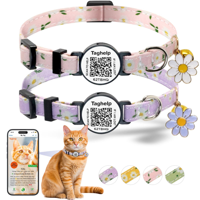 2 Pack Cotton Personalized Breakaway Cat Collar with Smart ID tag,Flowers Pendant Cute Cat Kitten Collar,QR Code Ideal for Girl Cats Boy Cats, with Bell with Smart QR ID Name Tag,8-13″ (Pink&Purple) Pink&Purple - BeesActive Australia