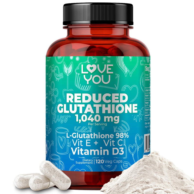 Love You Reduced Glutathione 98% Purity 1040 mg + Vitamin C, E & D3 - Intracellular Antioxidant - Supports Detoxification & Immune Function - 120 Veggie Caps, 30 Servings