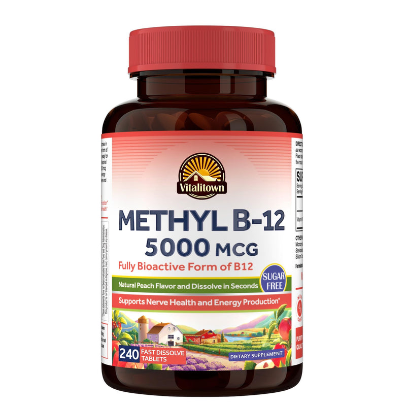 Vitalitown Vitamin B12 (Methyl B12) 5000 mcg, Fully Bioactive Form, Support Energy Production, Natural Peach Flavor, Zero Sugar, 240 Fast Dissolve Tablets 240 Count (Pack of 1)