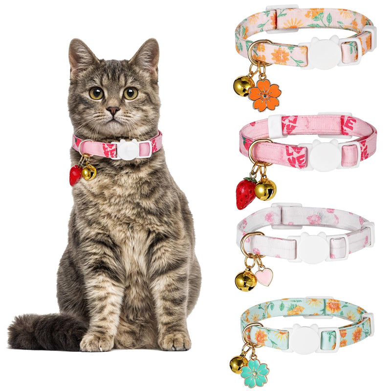4Styles Cat Collar with Bell, Cute Cotton Cat Collars Quick Release Kitten Collar, Adjustable Breakaway Cat Necklace Collar, Heart Strawberry Flower Charms Cat Collars for Girl Cats Accessories - BeesActive Australia