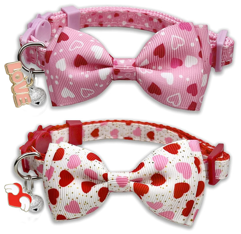 Pohshido 2 Pack Valentine's Day Cat Collars with Bow Tie with Bell and Charms Adjustable Heart Pattern Breakaway Collars for Boys and Girls Cats or Small Dogs Color 4 - BeesActive Australia