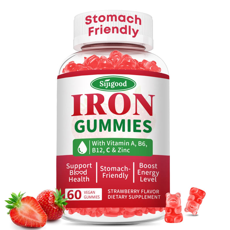 Sugar Free Iron Gummies for Women & Men, Iron Supplement, Vegan | for Anemia & Iron Deficiency, with Vitamin B12, Vitamin C, Zinc, Folate - Energy Boost, Strawberry Flavor, 60 Count 60 Count (Pack of 1)