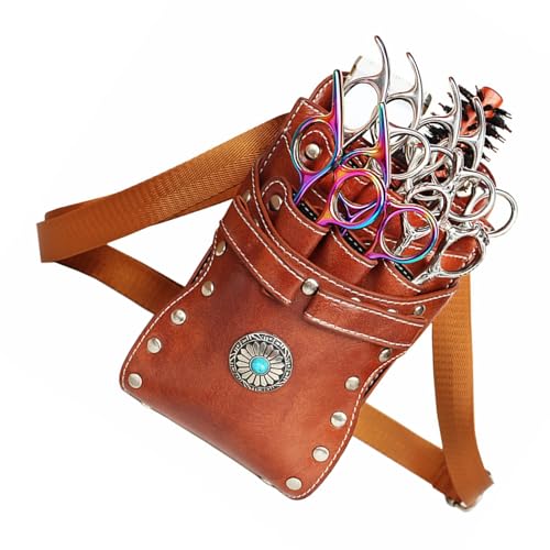 Hairstylist Waist Bag, 7-Slot PU Leather Barber Scissors Tool Bag Shear Holder, Detachable Hair Cutting Organizer for Combs, Clippers, and Spray Bottles (Coffee) Coffee
