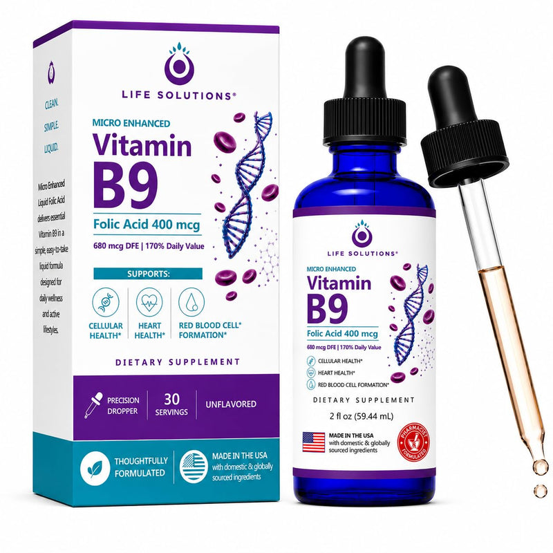 Life Solutions Vitamin B9 Liquid Drops, Folic Acid 400 mcg, 2 fl oz | 400 mcg folic acid per serving in convenient liquid drops with a precision dropper for easy daily use.