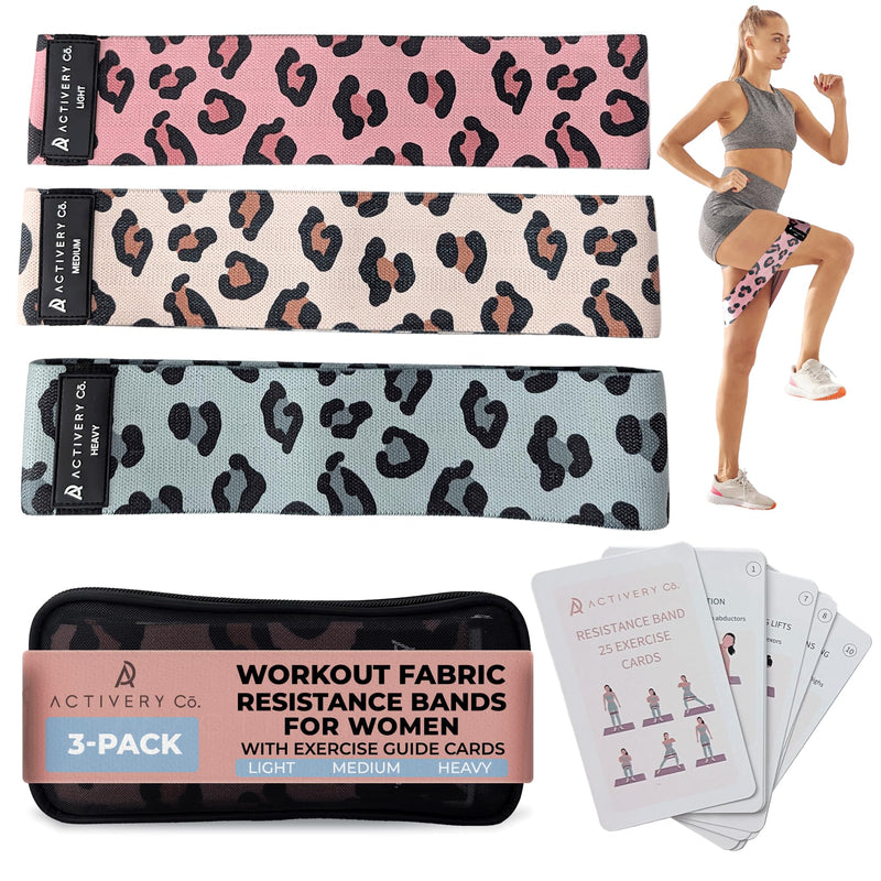 Fabric Resistance Bands for Women – Non-Slip Fitness Tool for Glutes, Legs & Full-Body Training – Ideal for Toning & Recovery – Includes Workout Guide & Travel Bag – 3 Pack Leopard Print