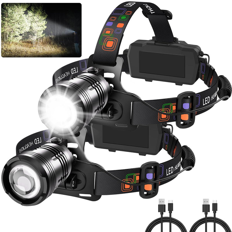Headlamp Rechargeable 2Pack, Super Bright Head Lamp, Adjustable Focus LED Headlamp, 90°Angle Head Lights for Forehead, 4Mode Headlight, Headlamps for Adults Hard Hat Camping Essentials Gear - BeesActive Australia