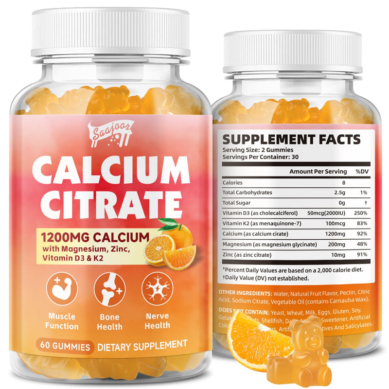 Calcium Citrate Gummies 1200 mg with Vitamin D3, K2, Magnesium, Zinc, Bone Support for Bones, Muscles & Joints,Immunity & Memory Support, 60 Count 1 Pack