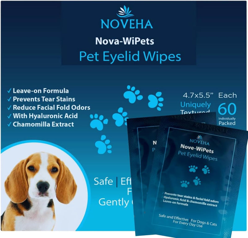NOVEHA Dog Eye Wipes, Gentle Tear Stain Remover, Eye Hygiene, and Allergy Relief (60 Counts) - BeesActive Australia