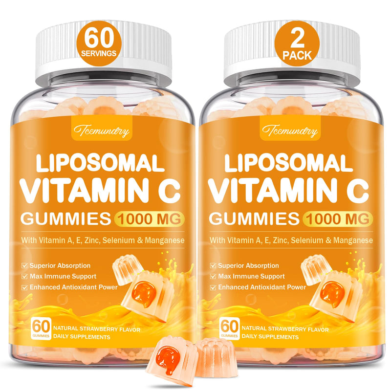 Liposomal Vitamin C Gummies 1000mg for Adults | Chewable Vitamin C Gummy, With Zinc, Elderberry, Vitamins A & E, 120 Gummies Strawberry 60 Count (Pack of 2)