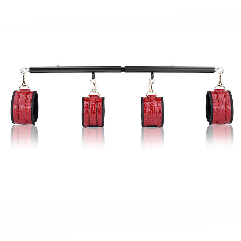 3 in 1 Heavy Duty Stainless Steel Expandable Black Spreader Bar with 4pcs PU Crocodile Red Adjustable Straps,Workout Bar for Home Gym Training Bar,Portable Detachable Pilates Kit