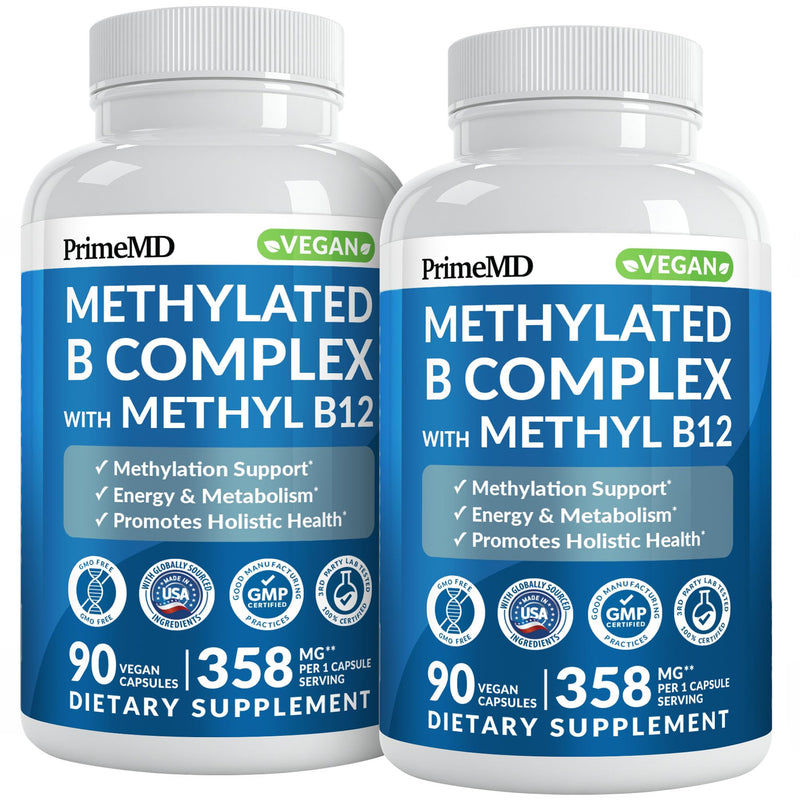 PrimeMD Methylated B Complex, Methylfolate & B12 Methylcobalamin, 90ct | Energy, Brain Function and Wellness Support, Methylated B12 and Methylfolate, B Complex Supplement (Pack of 2) 90 Count (Pack of 2)