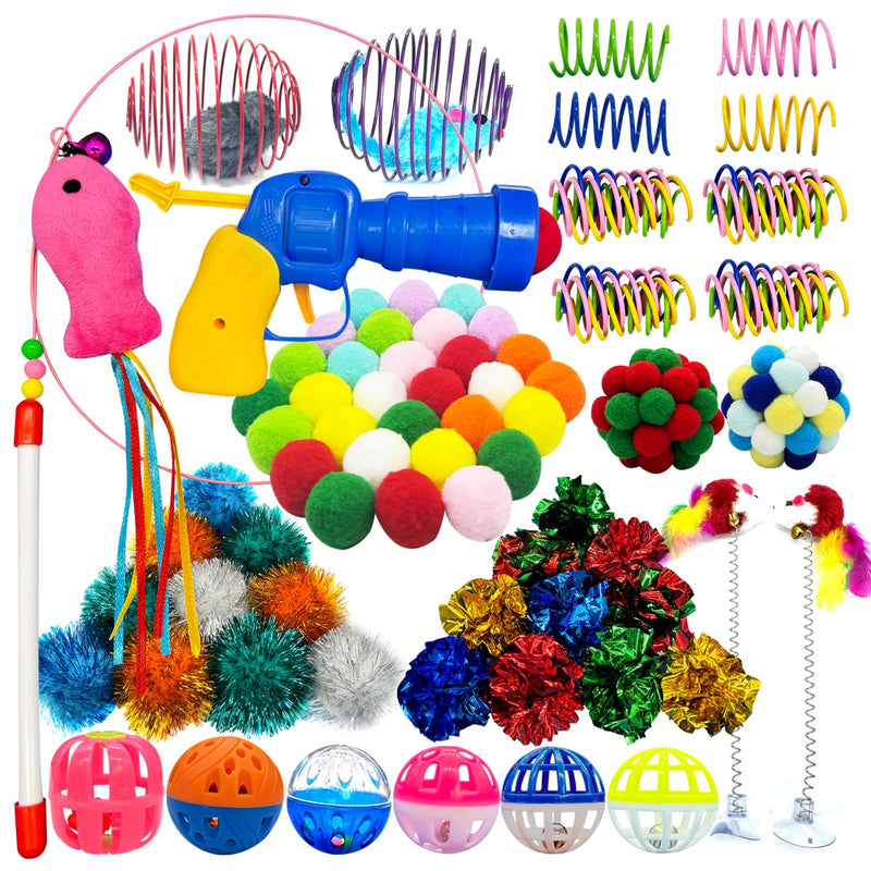 HerMia Cat Toys Variety Pack for Kitty 84 Pieces, Kitten Interactive Toys Bundle Set with Plush Ball Launcher, Bell Ball, Cat Wand, Cat Crinkle Ball, Cat Spiral Spring
