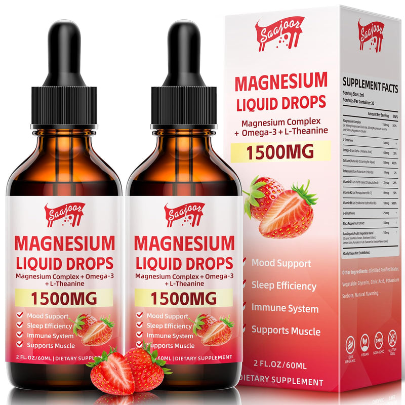 2 Pack Magnesium Glycinate Liquid Drops, 1500mg Magnesium Liquid Supplement with Vitamin B6, D3, L - Theanine, Omega3,Support Night, Muscle, Bone, Mood, Strawberry Flavor - 4 Fl Oz (120ml) Bottle 2pack