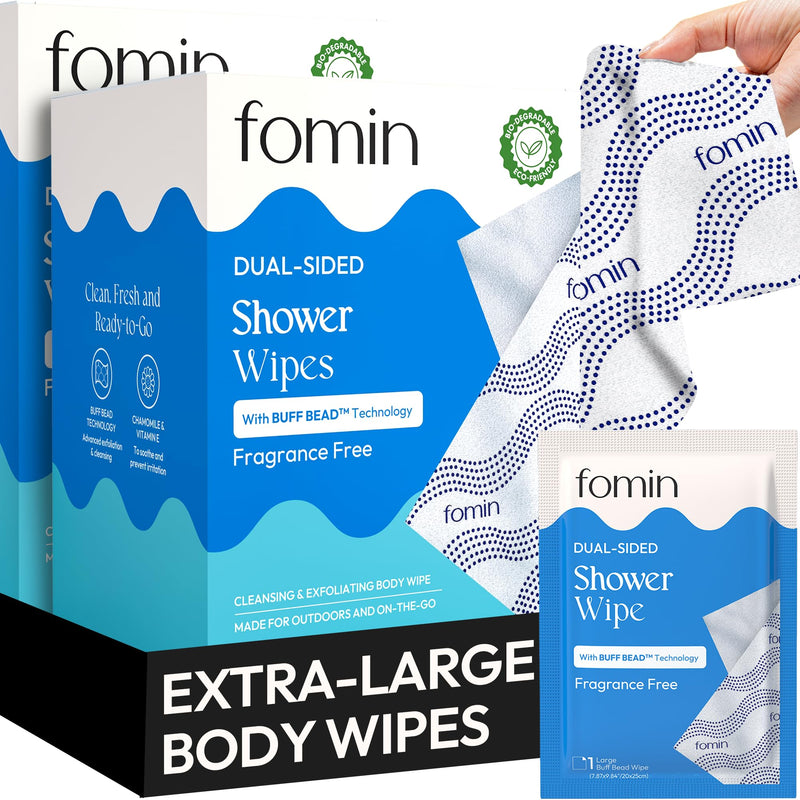 FOMIN Travel Shower Wipes - 10 Pack XL No Rinse Bathing Wipes | Fragrance-Free Full Body Wipes for Adults with Vitamin E - Individually Wrapped Waterless Bath Wipes - No Rinse Needed Fragrance Free 10 Count (Pack of 1)