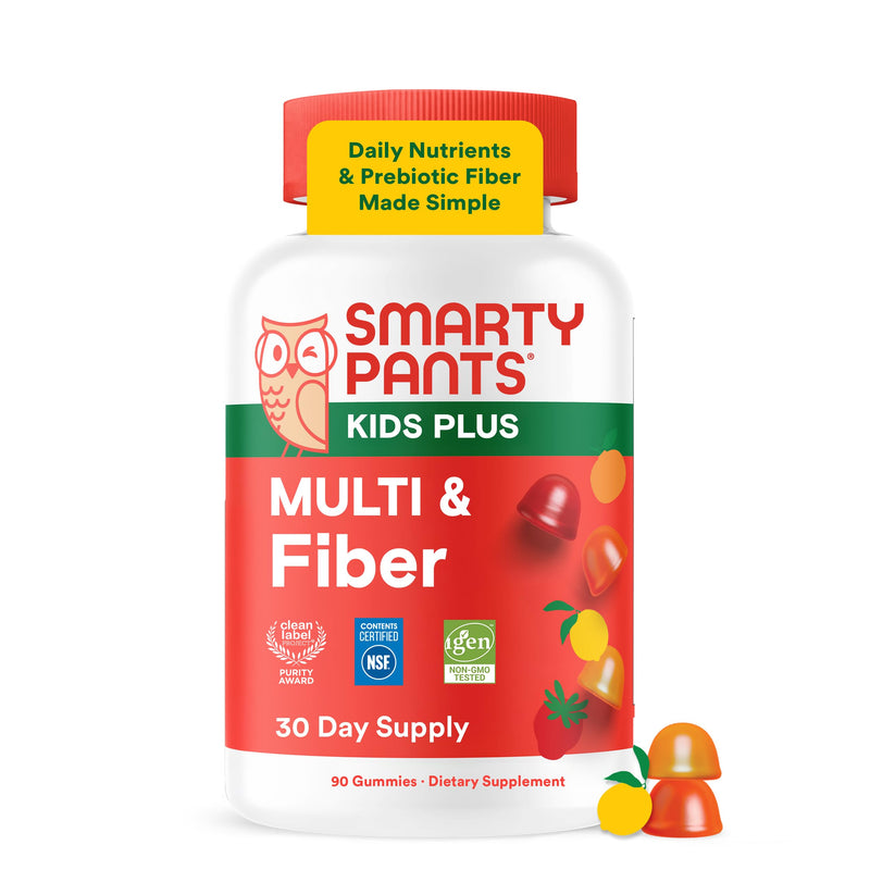 SmartyPants Kids Multivitamin & Fiber Gummies: Prebiotic Fiber to Support Kids Digestion with Vitamin D3, C, Vitamin B12, B6, A, Zinc, Biotin, Folate, Three Fruit Flavors, 90 Count (30 Day Supply) 90 Count (Pack of 1) Multi Fiber - 30 Day Supply