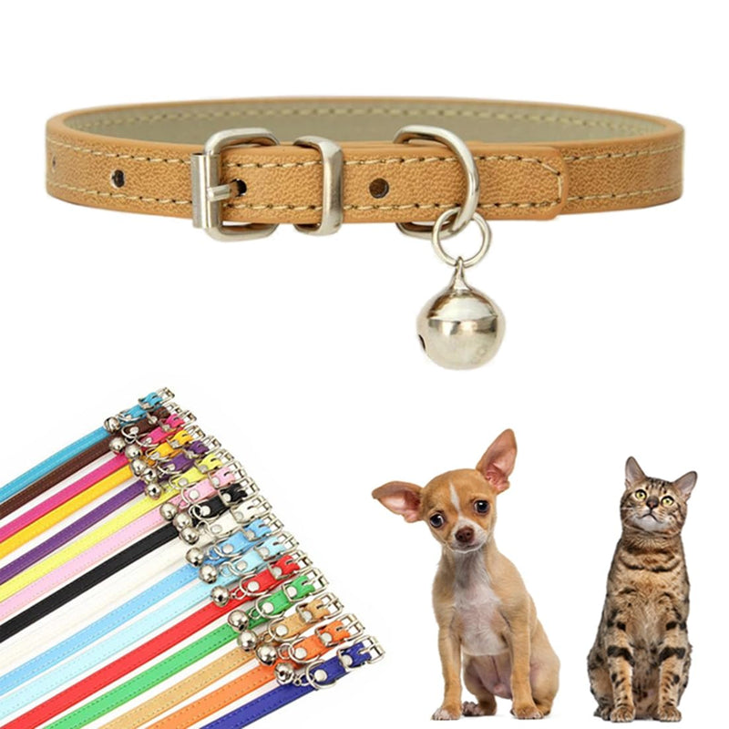 Khaki Dog Collar with Bell, Faux Leather Dog Collar with Bells Pu Basic Boy Dog Collars for XXS XSmall Small Medium Pet Male Dogs Little Cats Tiny Animal, M Khaki - BeesActive Australia