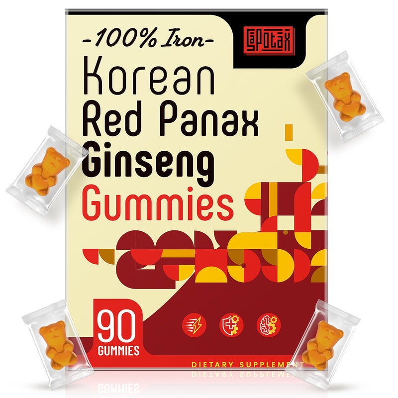 Sapotax Korean Red Panax Ginseng Supplement Gummies - Iron Supplements for Women & Men - Iron Gummies with Vitamin C, B6, B12, Potassium & Magnesium, Vegan - 90 Count 90 Count (Pack of 1)