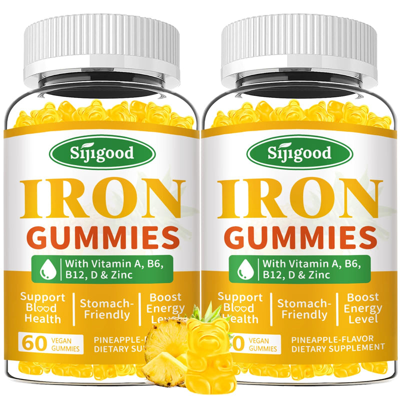 2 Pack Iron Gummies for Women & Men - Vegan Iron Supplement for Anemia & Iron Deficiency, with Vitamin B12, Vitamin C, Zinc, Folate - Energy Boost, Sugar-Free, Pineapple Flavor, 120 Count 60 Count (Pack of 2)