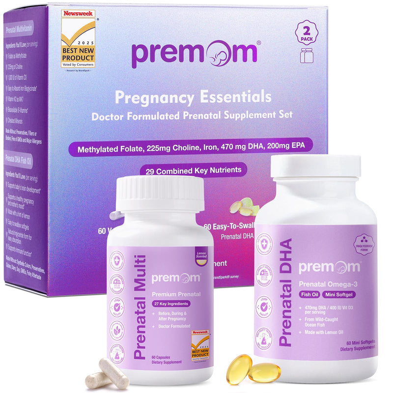 Premom Prenatal Vitamins for Women Capsules & Prenatal DHA Mini Softgels Bundle, Womens Prenatal Multivitamin & Mineral Supplement, Triglyceride Omega 3 Fish Oil, Fertility & Baby Brain Support*