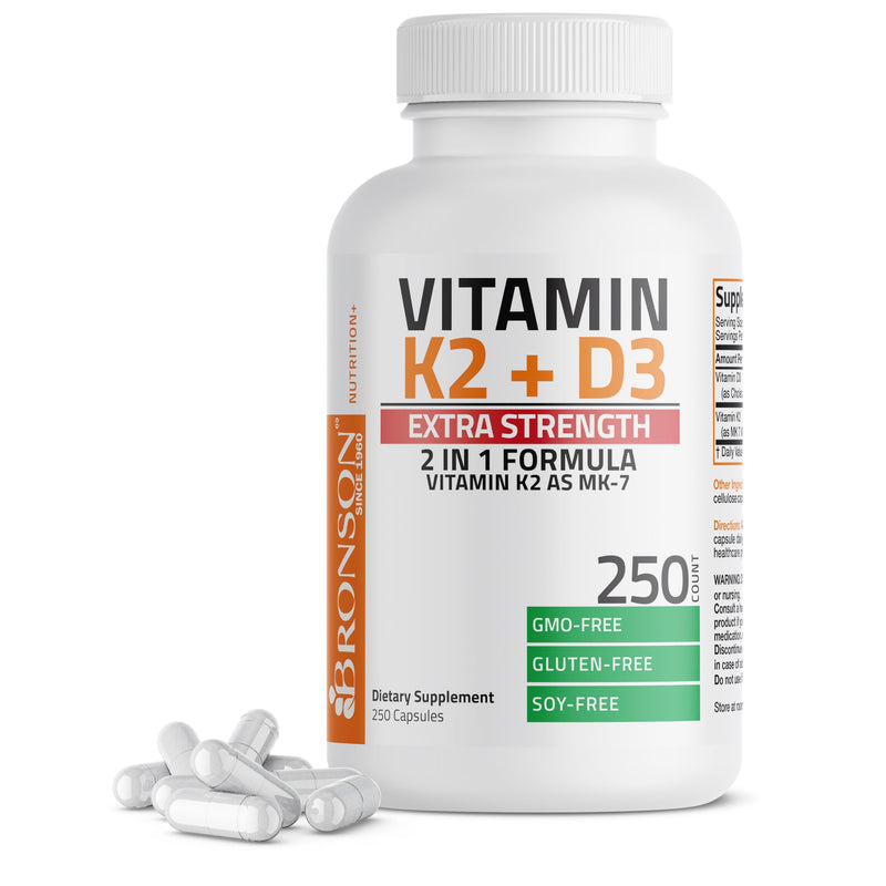 Bronson Vitamin K2 D3 (MK7) Extra Strength D3 & K2 Complex, 250 Capsules | Bone, Immune & Heart Health Support, Gluten Free, Soy Free, Non-GMO, Vitamin D3 10,000IU (250 mcg) & 120 mcg K2 MK-7 250 Count (Pack of 1)
