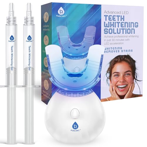 Pursonic Teeth Whitening Kit with 20 Whitening Treatments - Teeth Whitener with 2 Gel Syringes & Led Accelerator Light - Instant Teeth Whitening at Home Remove Stains of Coffee, Smoking & Wine