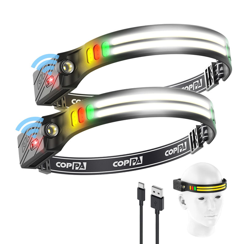 COPPA Headlamp, H4C Headlamp Rechargeable 2Pack with White & Yellow & Red & Green Floodlight & Spotlight Mini Portable with Motion Sensor Super for Camping Running Fishing Climbing Hiking Maintenance English 2.0