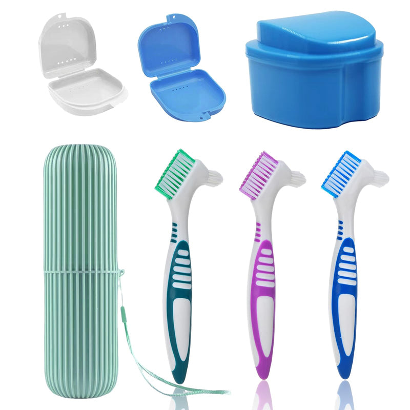 7PCS Denture Bath Case Cup Kit Denture Brush Kit False Teeth Cleaning Tools with 3 Brush, 2 Retainer and Bath Cases with Carry Box, Green Green Case&blue/White