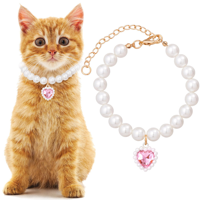 Cat Pearl Collar with Heart Pendant, Cute Pearl Pet Necklace in Medium, Adjustable Wedding Party Small Dog Jewelry Accessories for Puppy Kitten- Pink - BeesActive Australia