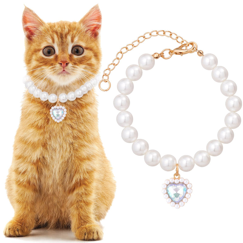 Cat Pearl Collar with Heart Pendant, Cute Pearl Pet Necklace in Medium, Adjustable Wedding Party Small Dog Jewelry Accessories for Puppy Kitten- White - BeesActive Australia