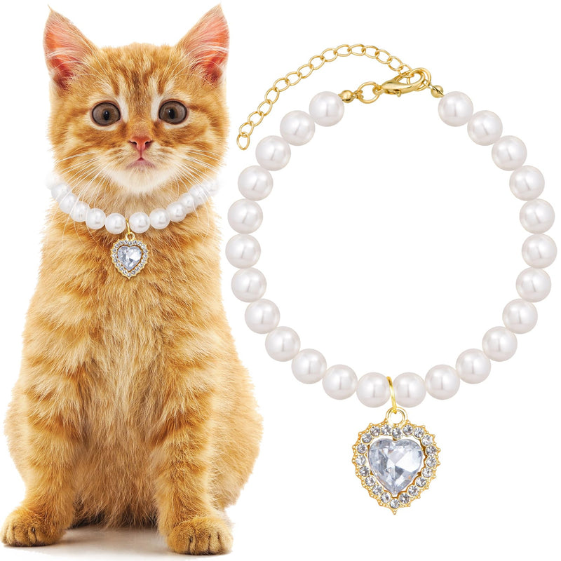 Pearl Collar for Cat Puppy, Small Cute Heart Shape Rhinestone Pet Necklace, Adjustable Wedding Party Pet Jewelry Accessories for Puppy Kitten- White - BeesActive Australia