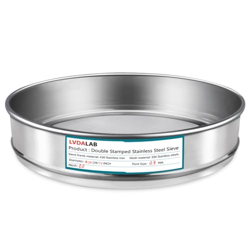 304 Stainless Steel Lab Sieve Screen Mesh, 20 Mesh (0.9mm) Aperture Test Sieve, 12Inch(30cm) Diameter Economy Standard Analysis Sample Test Sieves for Industrial Laboratory Homes 20Mesh(0.9mm)/Ф12in/30cm
