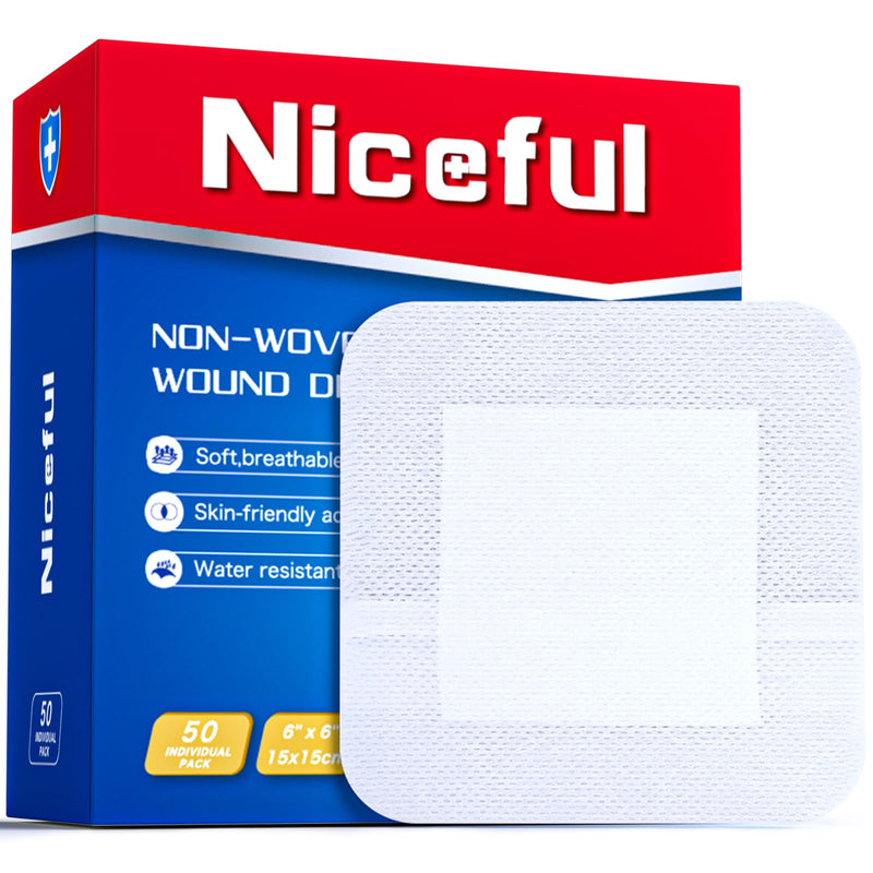 Niceful 50Pcs Adhesive Gauze Island Dressing 6"x6", Water-Resistant Wound Dressing, Sterile & Absorbent Medical Grade Dressing Pad First Aid Dressing Pads 6"x6"(50 Dressing)
