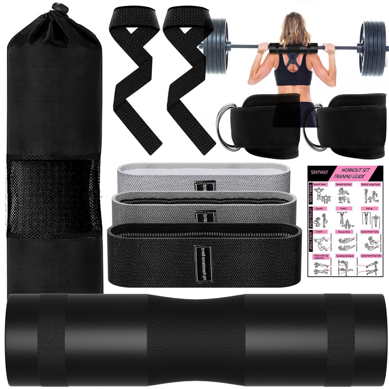 Barbell Pad Set for Squat,10 PCS Hip Thrusts Workout Foam Weight Lifting Bar Cushion with 2 Gym Ankle Straps,3 Hip Resistance Bands,2 Lifting Strap,Barbell Pad and Carry Bag Black 9 PCS - BeesActive Australia