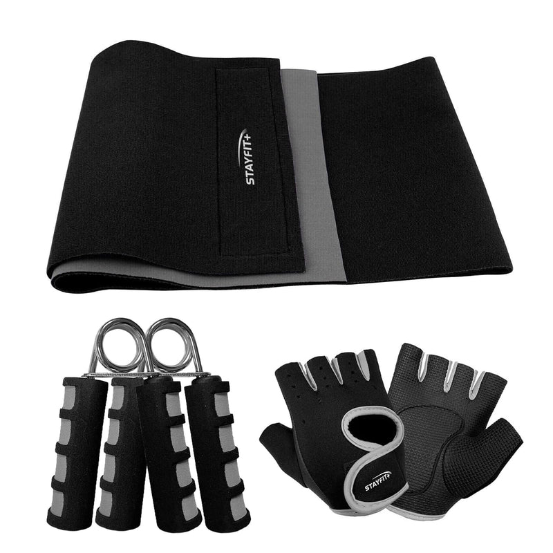 Stayfit Waist Trimmer Fitness Bundle, Unisex Slimmer Belt For Women Men with Fitness Gloves, Duo Resistance Bands 12" Waist Trimmer Bundle With Hand Grips and Gloves