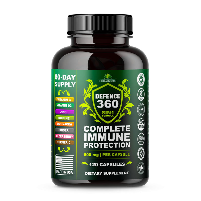 Defence360 Immune Support 8-in-1 Supplement with Vitamin C, D3, Zinc, Elderberry, Echinacea, Turmeric, Ginger & Quinine, Immune Protection, Energy and Vigor, Brain Boost, Stress Relief (120 Capsules)
