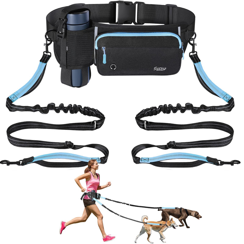 Hands Free Dog Leash 2 Dogs, Adjustable Waist Leash for Dog Walking with Dual Bungees Padded Handle, Shock Absorbing Hands Free for Small Medium-Sized Dogs Outdoor Activities, Black+Blue 2 Leashes - BeesActive Australia