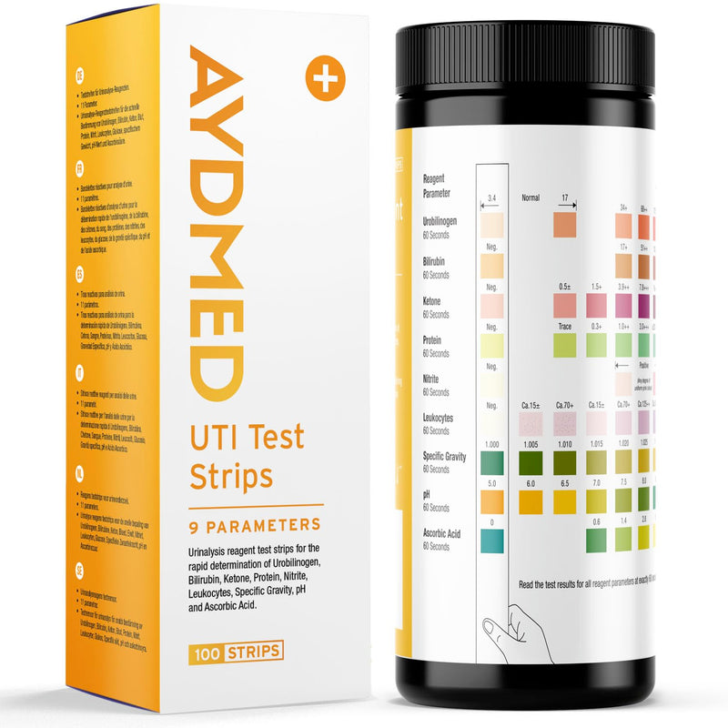 100 x AYDMED 9-in-1 UTI Test Strips | 9 Parameter Urine Test Strips for Leukocytes, Nitrite, Specific Gravity, pH, Protein, Urobilinogen, Bilirubin, Ketone & Ascorbic Acid | FSA & HSA Eligible - BeesActive Australia