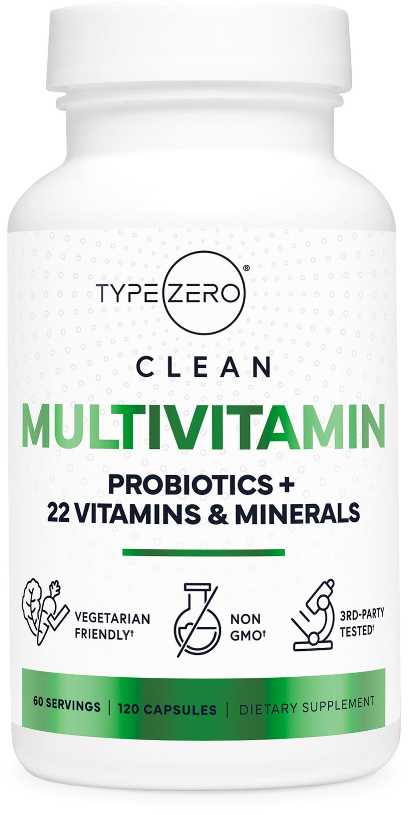 Type Zero Multivitamin Capsules (1,300mg) 120 Capsules, Vegetarian Friendly | With Probiotics + 22 Vitamins and Minerals, GMO-Free