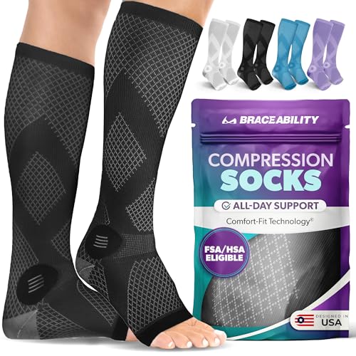 BraceAbility Compression Socks for Circulation - 20-30 mmHg Knee High Neuropathy Open Toe Stockings for Varicose Veins, Swelling, RLS, Medical Toeless Support for Men or Women - 1 Pair (M - Black) Medium Standard Calf Black - Open Toe - 1 Pair