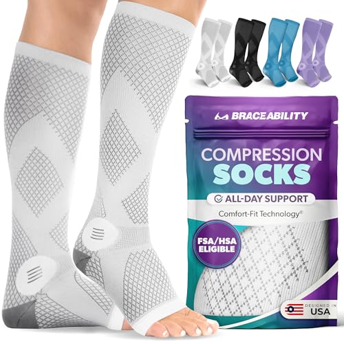 BraceAbility Compression Socks for Circulation - 20-30 mmHg Knee High Neuropathy Open Toe Stockings Best for Varicose Veins, Restless Leg, POTS, Toeless Support for Men or Women - 1 Pair (XL - Gray) X-Large Gray - Open Toe - 1 Pair