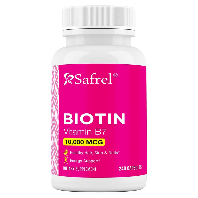 Safrel Biotin (Vitamin B7) 10,000mcg (10mg) Vitamin Supplement, 240 Capsules - Vegetarian, Gluten Free, Quick Release, Non-GMO