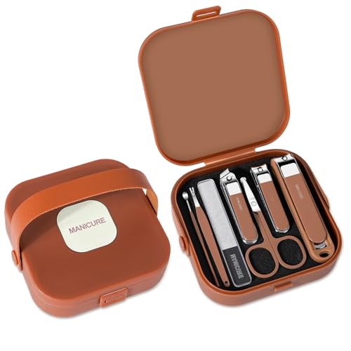Nail Clippers Set for Men and Women 7 Pieces Stainless Steel Grooming Kits, Fingernail and Toenail Clipper Cutters with Luxurious Travel Case Nail Care Tools Manicure Pedicure Kit, Brown