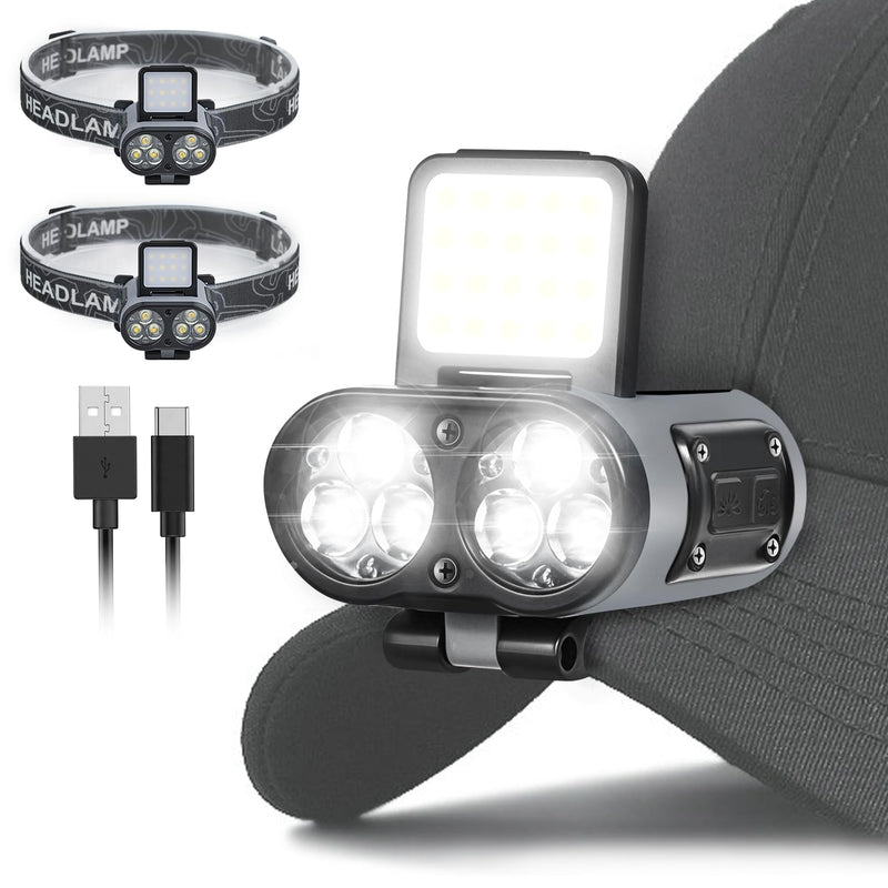 LED Hard Hat Light, 2 pcs 800 Lumen Dimmable Clip on Cap Lights, Headlamp Rechargeable, 180°Adjustable Hands Free Hat Flashlight Headlamp Waterproof for Hiking, Running, Fishing, Cycling, Emergency Black