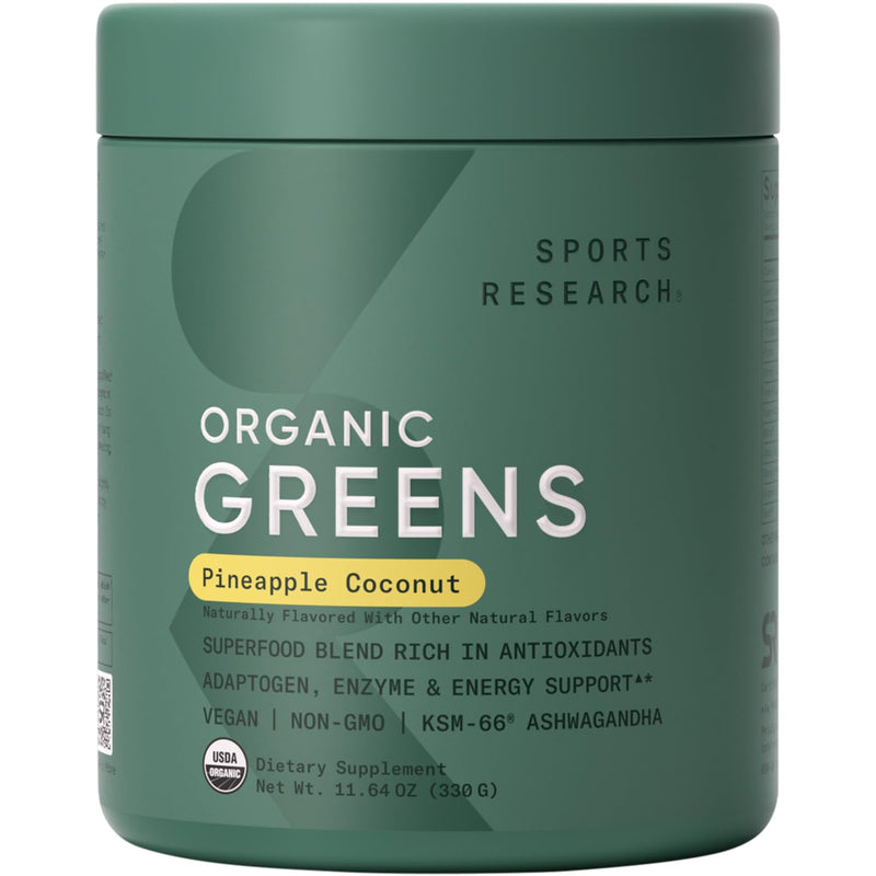 Sports Research® Organic Greens Superfood Powder, 11.6oz Pineapple Coconut | Superfood Powder w/ Spirulina, Adaptogens, Probiotics & 8 B Vitamins | Gut & Mood Support | Vegan, Sugar-Free & Low-Cal 11.64 Ounce (Pack of 1)