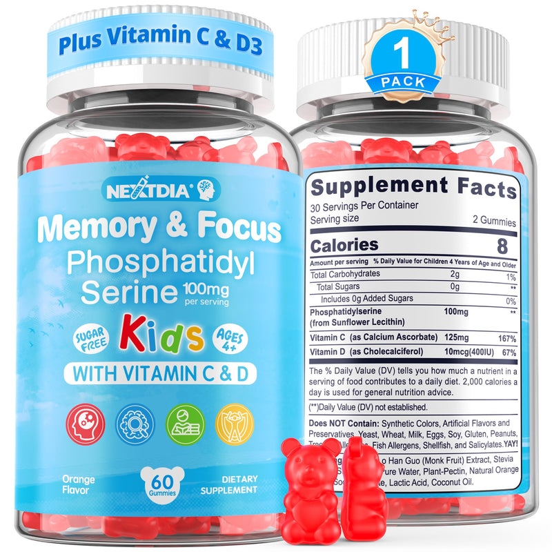 Phosphatidylserine Supplement 100mg, Focus Gummies for Kids Teens + Vitamin C & D3 400IU, Sugar Free Kids Brain Gummies Increase Attention & Concentration, Chewable, Vegan, Gluten Free, Non-GMO 60Cts 60 Count (Pack of 1)