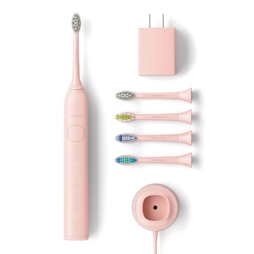 Brushmo Super Sonic Electric Toothbrush with 4 Replacement Heads - Rechargeable Electronic Tooth Brush for Adults with 5 Customizable Modes - IPX7 Waterproof & Long-Lasting Battery – Nova Pink 4 Count (Pack of 1)
