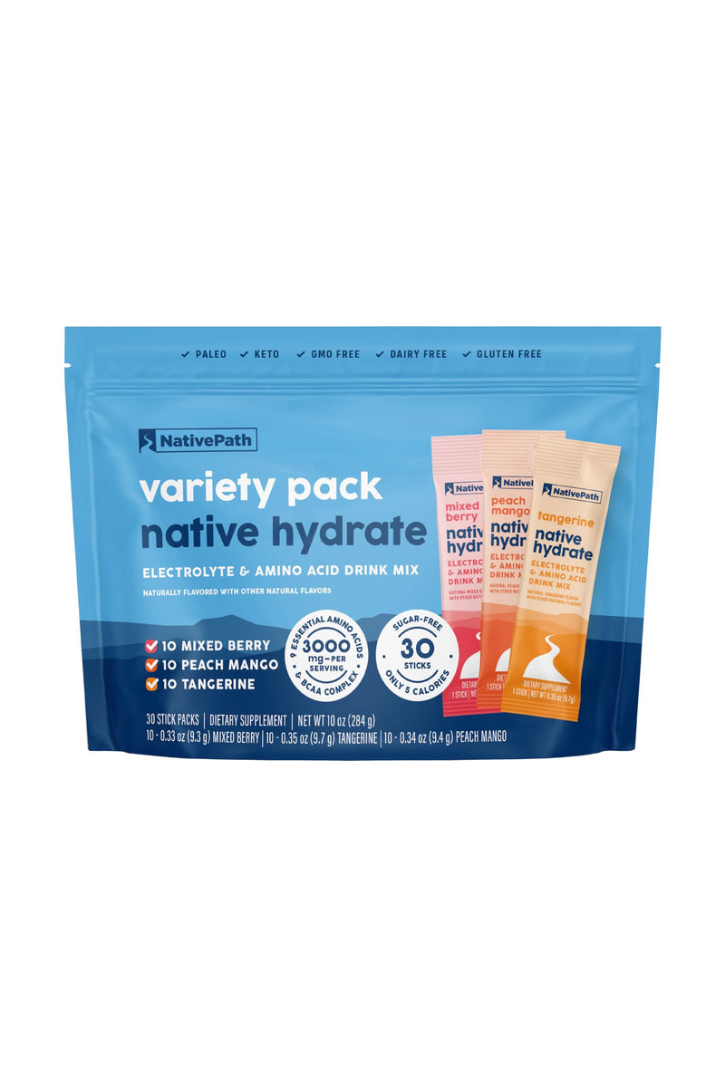 NativePath Hydrate Electrolyte Stick Packs Variety Pack, 30 Count | Mixed Berry, Peach Mango & Tangerine Sticks, 14 Vitamins, 9 Aminos & 2000mg BCAAs, Zero Sugar, Keto